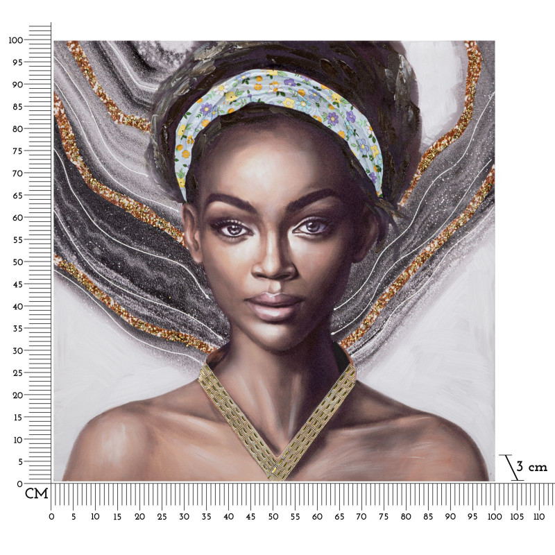 Toile murale imprimée et peinte Femme africaine Gris Marron Doré 100x100 Naomi 