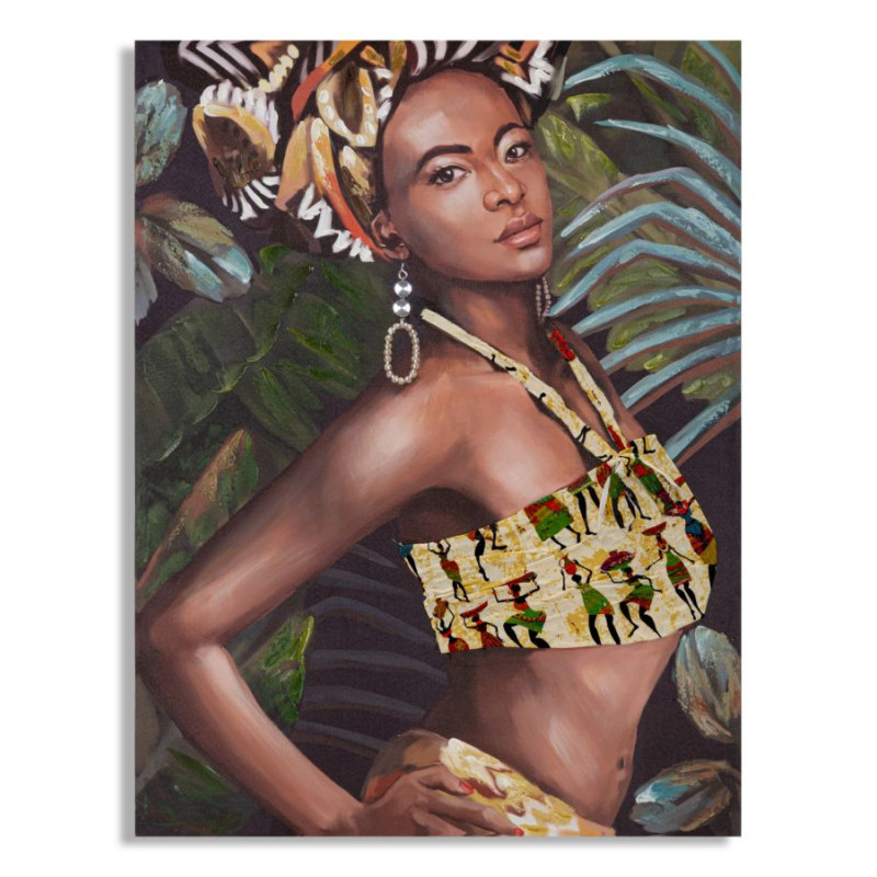 Toile murale imprimée et peinte Femme africaine Vert Marron Jaune 90x120 Kelly 