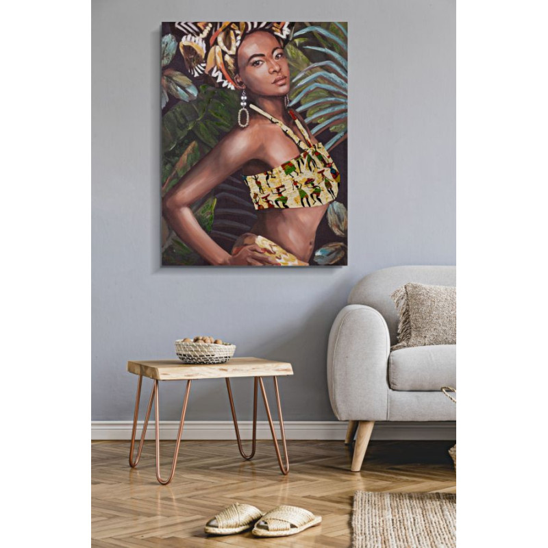 Toile murale imprimée et peinte Femme africaine Vert Marron Jaune 90x120 Kelly 