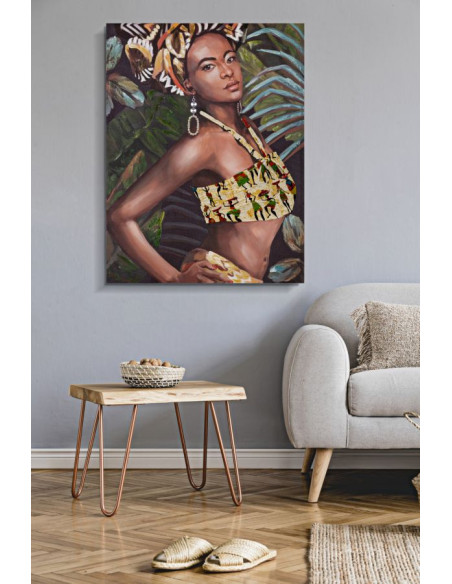 Toile murale imprimée et peinte Femme africaine Vert Marron Jaune 90x120 Kelly 