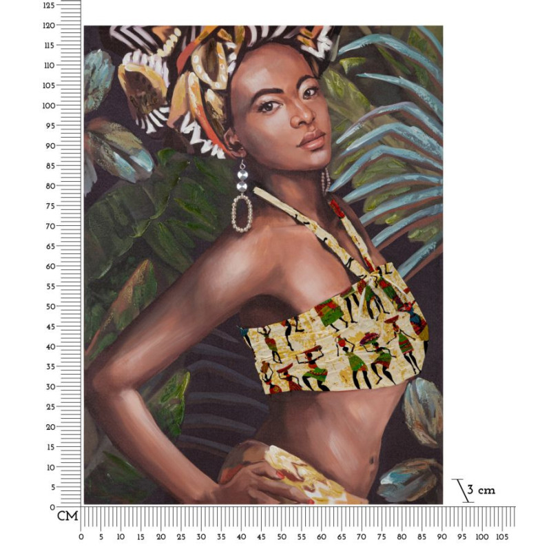 Toile murale imprimée et peinte Femme africaine Vert Marron Jaune 90x120 Kelly 