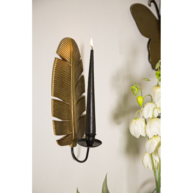 Bougeoir mural moderne Feuille Hauteur 31 cm en Résine Doré Métal Noir Xylor 