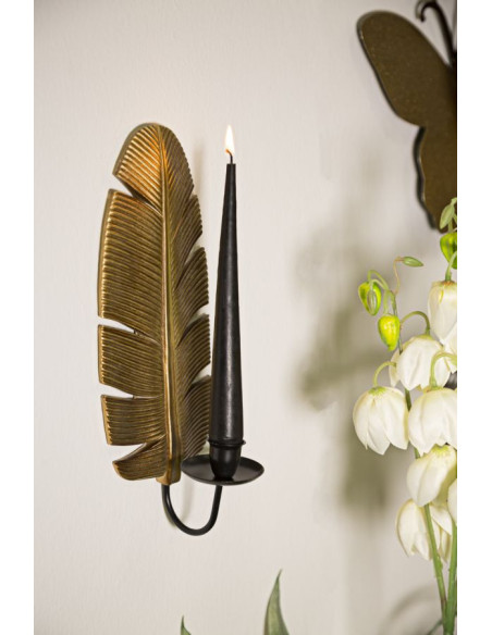 Bougeoir mural moderne Feuille Hauteur 31 cm en Résine Doré Métal Noir Xylor 
