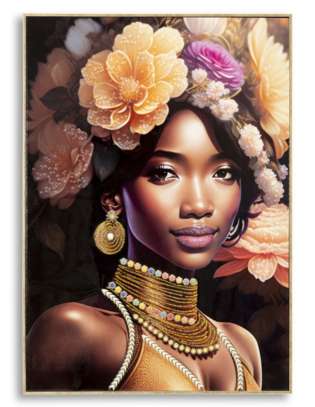 Grande Toile murale imprimée et peinte Femme avec fleurs 72x102 Beige Rose Rose Cadre Bois de sapin Doré Zena 