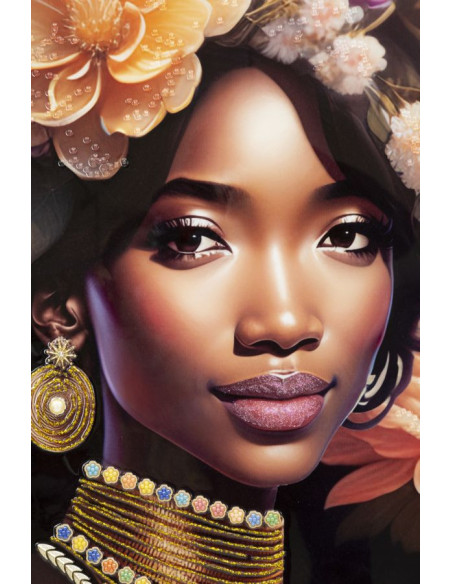 Grande Toile murale imprimée et peinte Femme avec fleurs 72x102 Beige Rose Rose Cadre Bois de sapin Doré Zena 