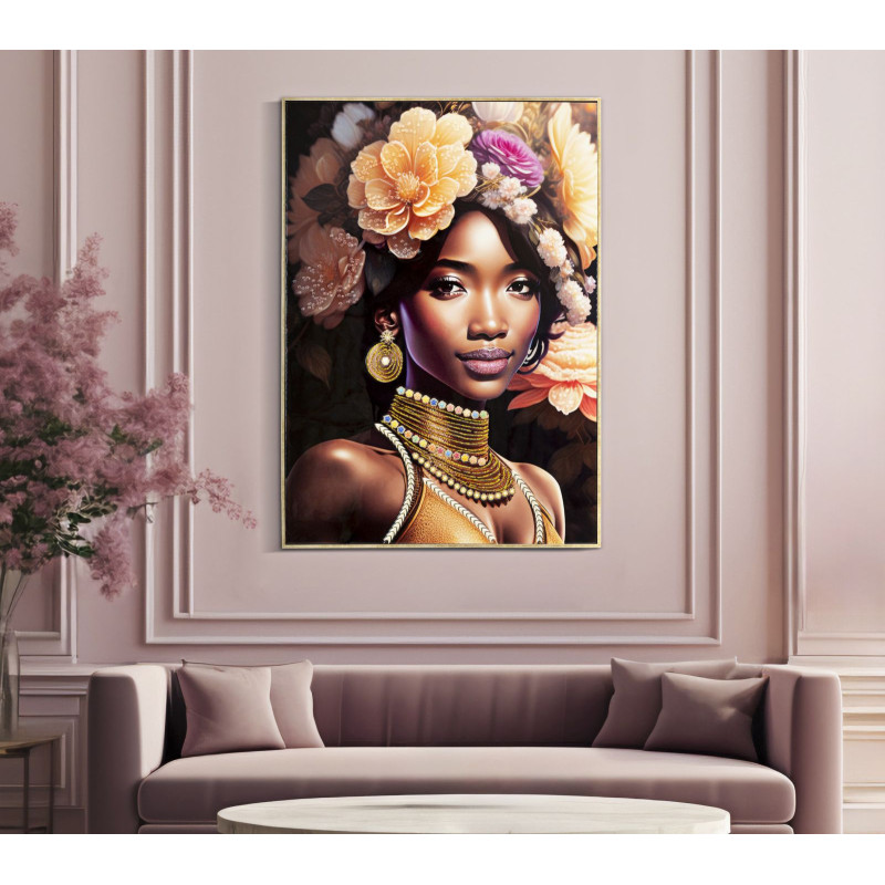 Grande Toile murale imprimée et peinte Femme avec fleurs 72x102 Beige Rose Rose Cadre Bois de sapin Doré Zena 