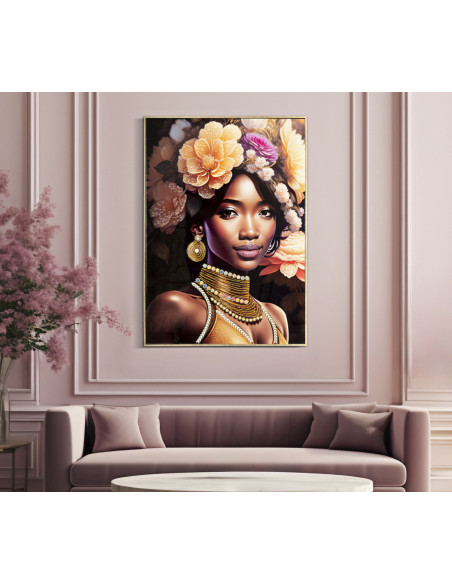 Grande Toile murale imprimée et peinte Femme avec fleurs 72x102 Beige Rose Rose Cadre Bois de sapin Doré Zena 