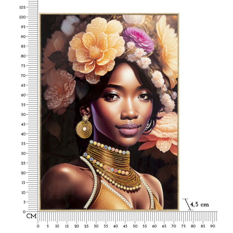 Grande Toile murale imprimée et peinte Femme avec fleurs 72x102 Beige Rose Rose Cadre Bois de sapin Doré Zena 