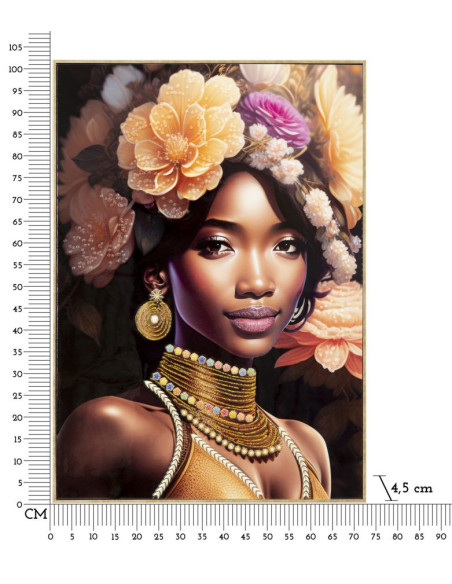 Grande Toile murale imprimée et peinte Femme avec fleurs 72x102 Beige Rose Rose Cadre Bois de sapin Doré Zena 