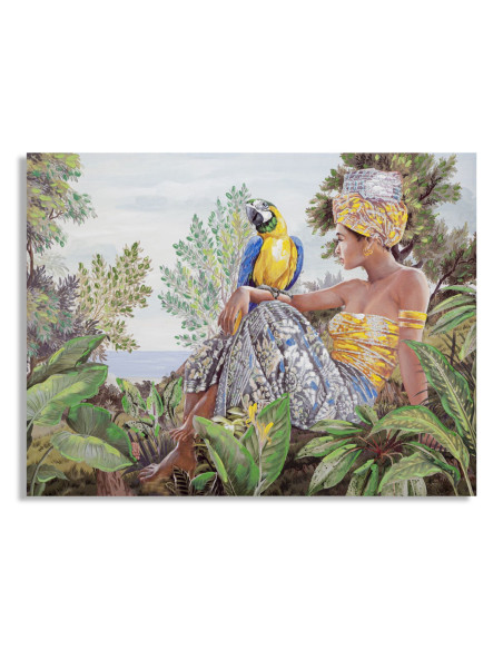 Toile murale et peinte Femme avec perroquet Vert Jaune Beige 120x90 Kenda 