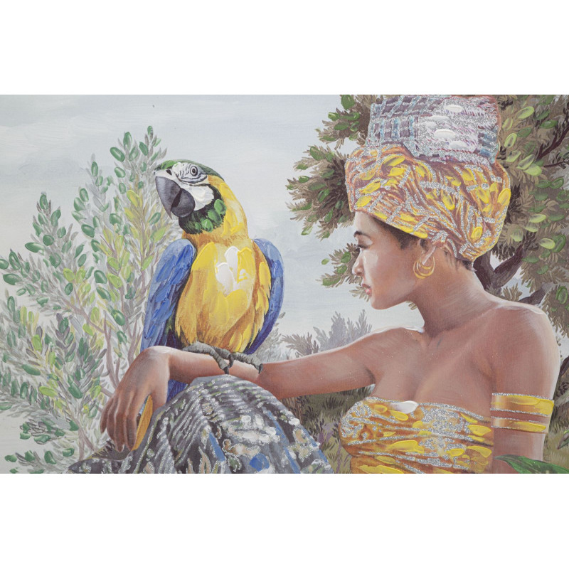 Toile murale et peinte Femme avec perroquet Vert Jaune Beige 120x90 Kenda 