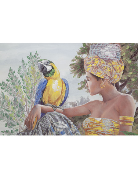 Toile murale et peinte Femme avec perroquet Vert Jaune Beige 120x90 Kenda 