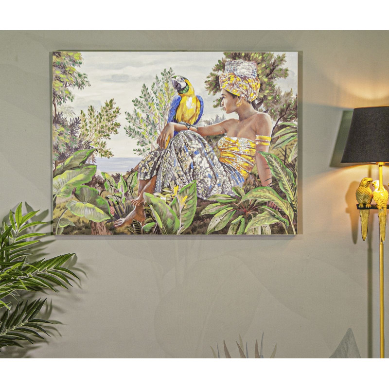 Toile murale et peinte Femme avec perroquet Vert Jaune Beige 120x90 Kenda 