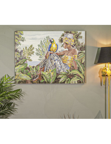 Toile murale et peinte Femme avec perroquet Vert Jaune Beige 120x90 Kenda 