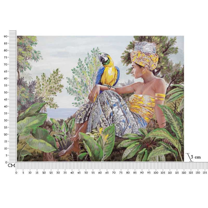 Toile murale et peinte Femme avec perroquet Vert Jaune Beige 120x90 Kenda 