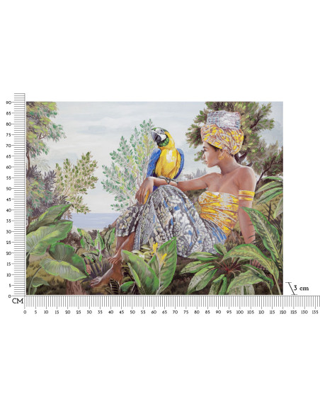 Toile murale et peinte Femme avec perroquet Vert Jaune Beige 120x90 Kenda 
