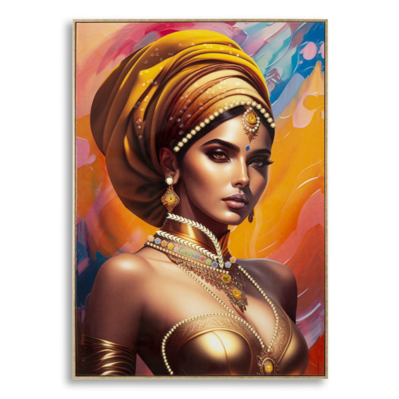 Grande Toile murale imprimée et peinte Femme mystique 72x102 Orange Beige Cadre Bois de sapin Doré Samira 