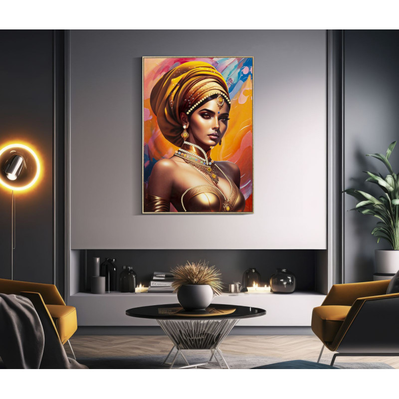 Grande Toile murale imprimée et peinte Femme mystique 72x102 Orange Beige Cadre Bois de sapin Doré Samira 