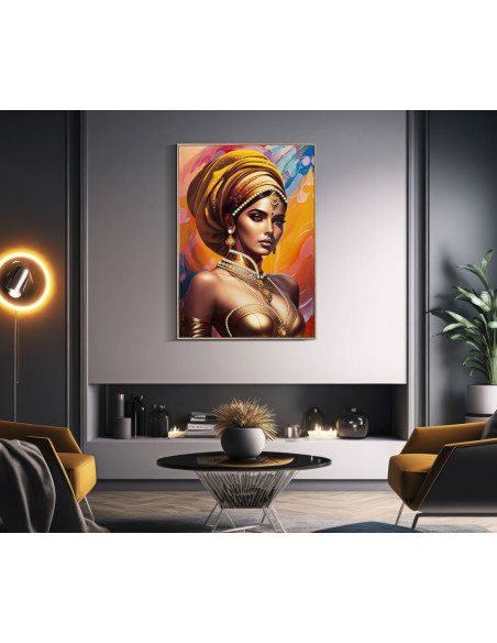 Grande Toile murale imprimée et peinte Femme mystique 72x102 Orange Beige Cadre Bois de sapin Doré Samira 