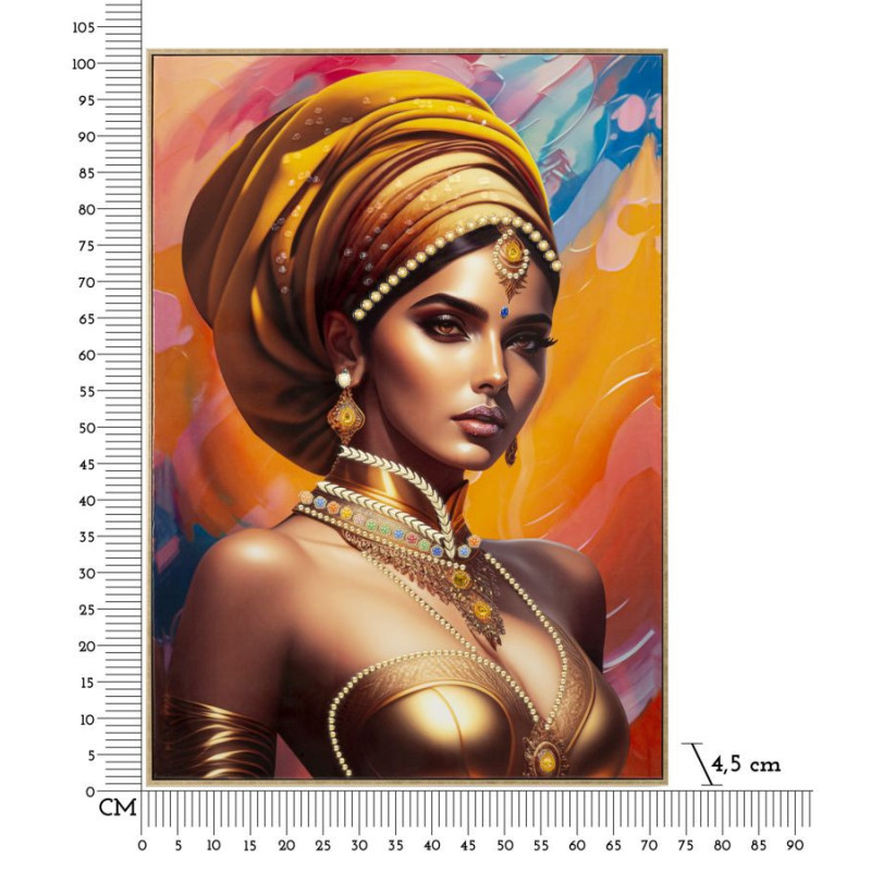 Grande Toile murale imprimée et peinte Femme mystique 72x102 Orange Beige Cadre Bois de sapin Doré Samira 