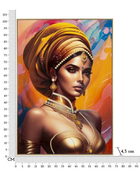 Grande Toile murale imprimée et peinte Femme mystique 72x102 Orange Beige Cadre Bois de sapin Doré Samira 