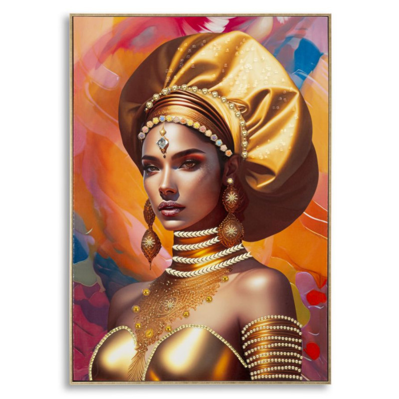Grande Toile murale imprimée et peinte Femme mystérieuse 72x102 Orange Beige Cadre Bois de sapin Doré Samira 