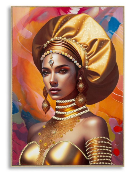 Grande Toile murale imprimée et peinte Femme mystérieuse 72x102 Orange Beige Cadre Bois de sapin Doré Samira 