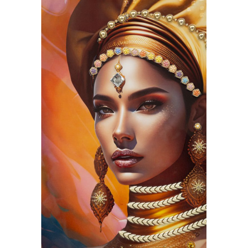 Grande Toile murale imprimée et peinte Femme mystérieuse 72x102 Orange Beige Cadre Bois de sapin Doré Samira 