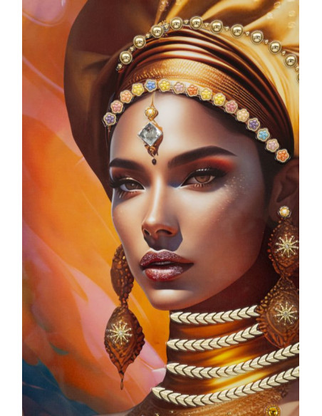 Grande Toile murale imprimée et peinte Femme mystérieuse 72x102 Orange Beige Cadre Bois de sapin Doré Samira 