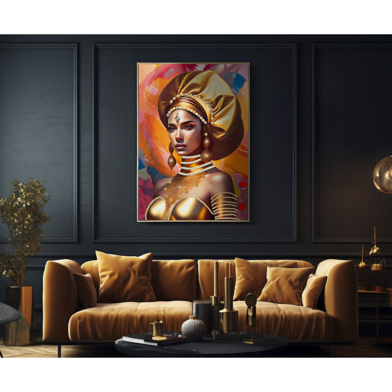 Grande Toile murale imprimée et peinte Femme mystérieuse 72x102 Orange Beige Cadre Bois de sapin Doré Samira 