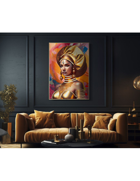 Grande Toile murale imprimée et peinte Femme mystérieuse 72x102 Orange Beige Cadre Bois de sapin Doré Samira 