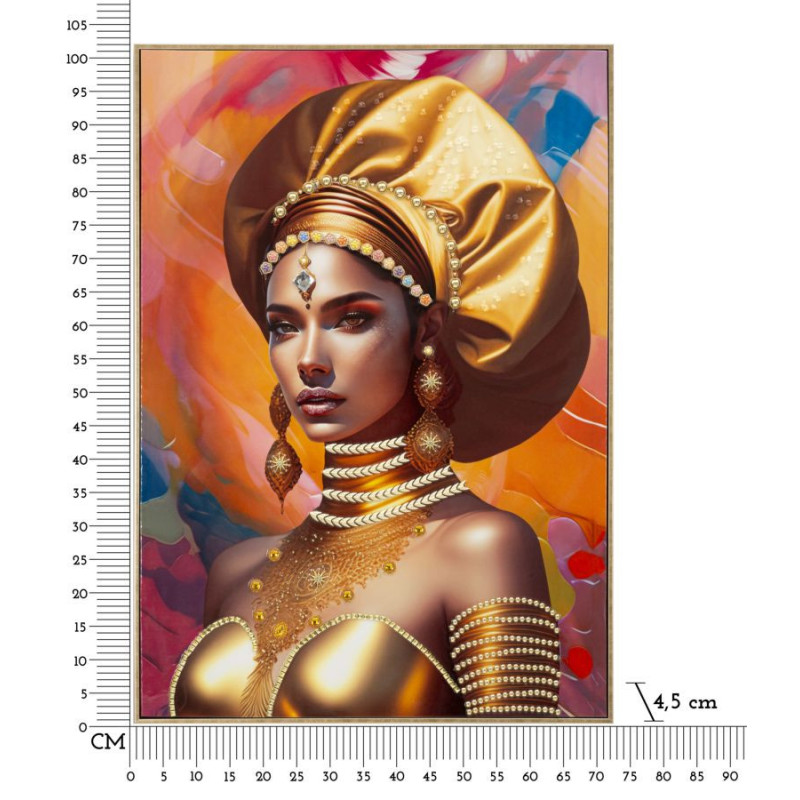 Grande Toile murale imprimée et peinte Femme mystérieuse 72x102 Orange Beige Cadre Bois de sapin Doré Samira 