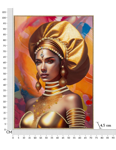 Grande Toile murale imprimée et peinte Femme mystérieuse 72x102 Orange Beige Cadre Bois de sapin Doré Samira 
