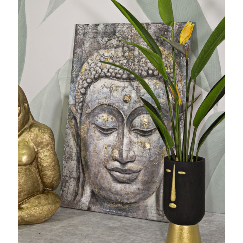 Toile murale et peinte Visage de Bouddha Gris Doré Bleu 80x120 Buddha 