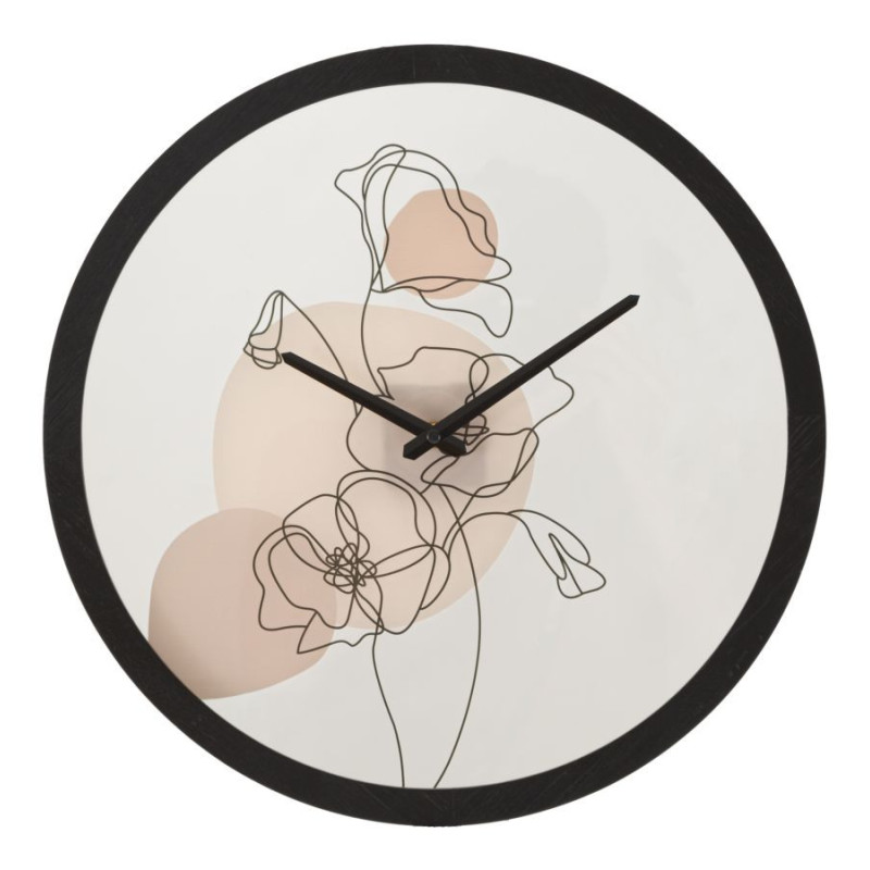 Horloge murale originale Fleurs Ronde 40 cm en Bois Noir Verre Rose Beige Arlin 