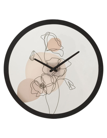 Horloge murale originale Fleurs Ronde 40 cm en Bois Noir Verre Rose Beige Arlin 