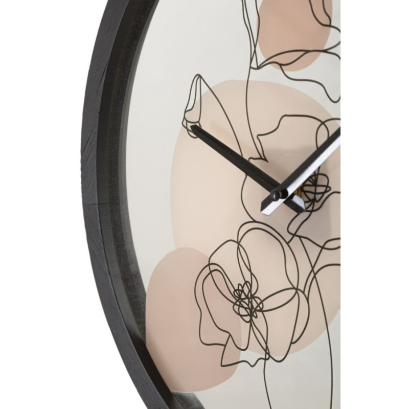 Horloge murale originale Fleurs Ronde 40 cm en Bois Noir Verre Rose Beige Arlin 