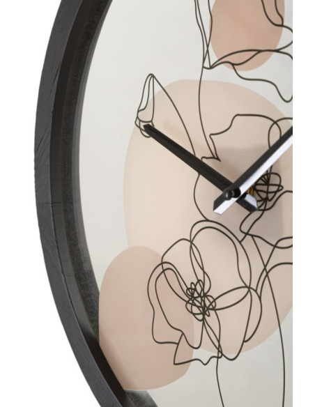 Horloge murale originale Fleurs Ronde 40 cm en Bois Noir Verre Rose Beige Arlin 