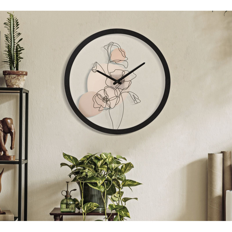 Horloge murale originale Fleurs Ronde 40 cm en Bois Noir Verre Rose Beige Arlin 