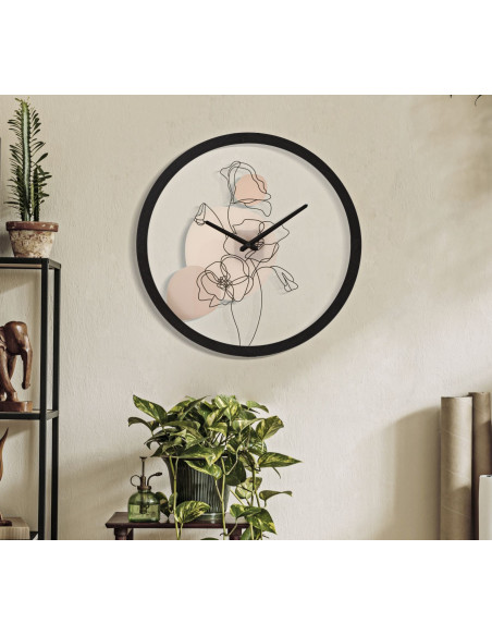 Horloge murale originale Fleurs Ronde 40 cm en Bois Noir Verre Rose Beige Arlin 