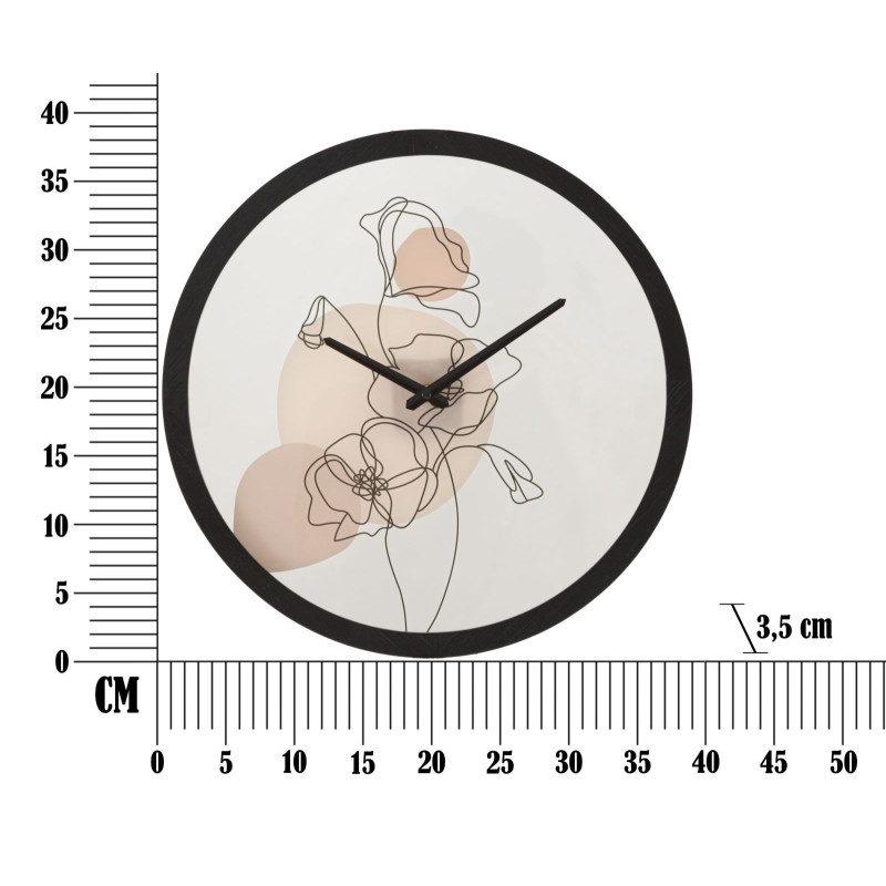 Horloge murale originale Fleurs Ronde 40 cm en Bois Noir Verre Rose Beige Arlin 