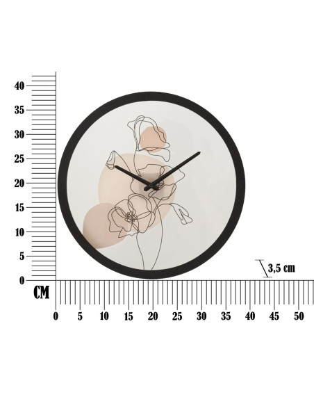 Horloge murale originale Fleurs Ronde 40 cm en Bois Noir Verre Rose Beige Arlin 