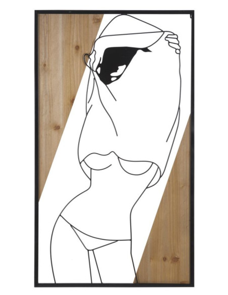 Déco murale moderne Femme Effeuillage 50x90 en Métal Noir Bois Naturel Elyra - 1