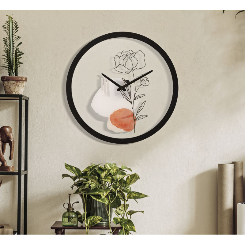 Horloge murale originale Fleur Ronde 40 cm en Bois Noir Verre Orange Beige Fyran 