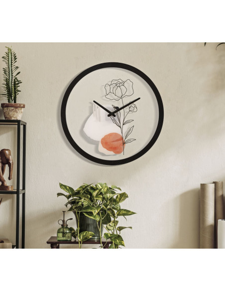 Horloge murale originale Fleur Ronde 40 cm en Bois Noir Verre Orange Beige Fyran 