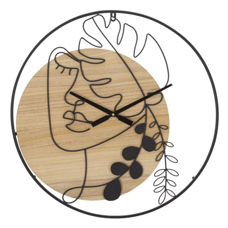 Grande Horloge murale Visage abstrait Ronde 60 cm en Métal Noir Bois Naturel Halin 