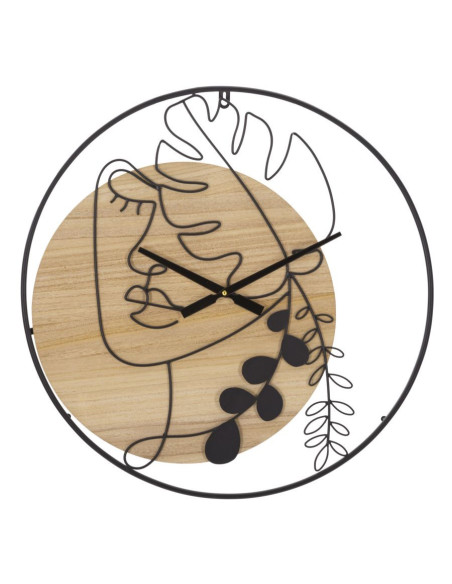 Grande Horloge murale Visage abstrait Ronde 60 cm en Métal Noir Bois Naturel Halin 