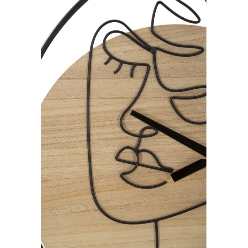 Grande Horloge murale Visage abstrait Ronde 60 cm en Métal Noir Bois Naturel Halin 