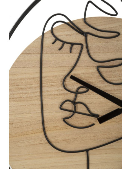 Grande Horloge murale Visage abstrait Ronde 60 cm en Métal Noir Bois Naturel Halin 