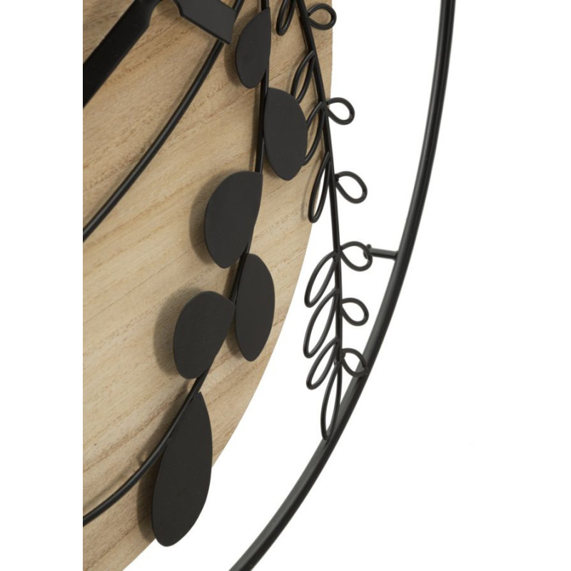 Grande Horloge murale Visage abstrait Ronde 60 cm en Métal Noir Bois Naturel Halin 